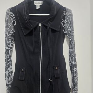 Joseph Ribkoff Zippered Jacket With Mesh Graphic Sleeves Size 2